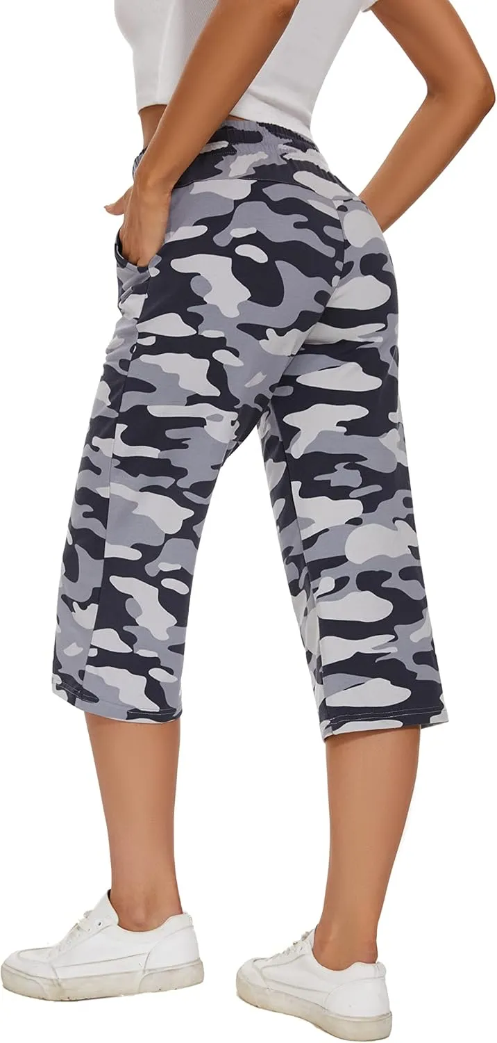 SPECIALMAGIC Women Capri Pants Camouflage Printed Cotton Yoga Wide Leg Pajama Capris Sweatpants