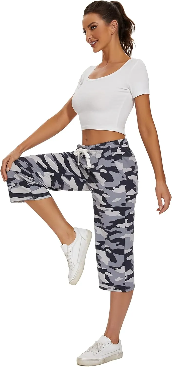 SPECIALMAGIC Women Capri Pants Camouflage Printed Cotton Yoga Wide Leg Pajama Capris Sweatpants