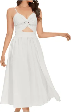 Split Cami Dress for Women Twist Front Sexy Cutout Midi Dress Trendy V Neck Backless Spaghetti Strap Long Dress