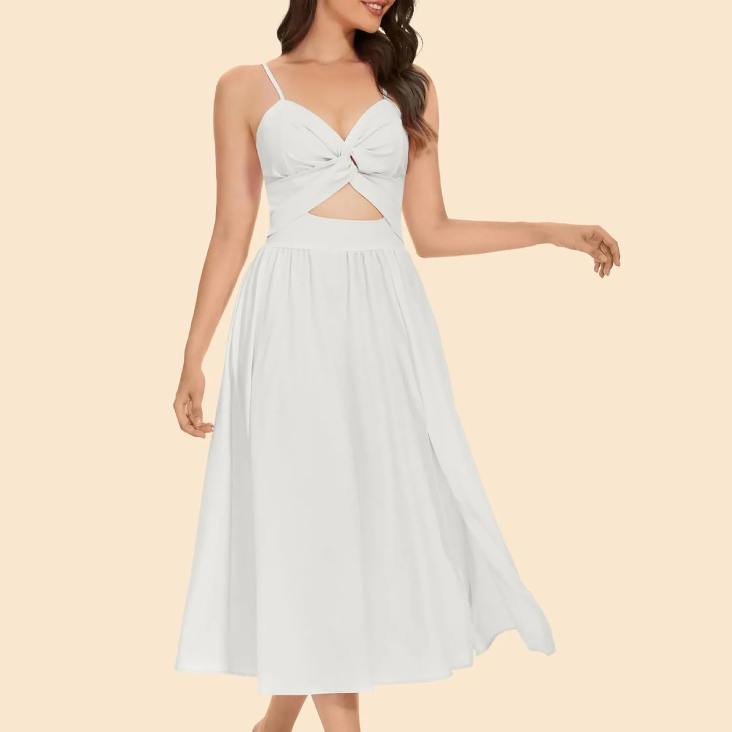 Split Cami Dress for Women Twist Front Sexy Cutout Midi Dress Trendy V Neck Backless Spaghetti Strap Long Dress