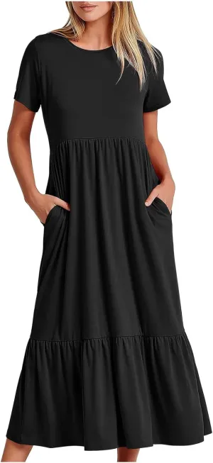 Spring Dresses for Women 2024 Casual Loose Short Sleeve Summer Long Tshirt Dress Flowy Tiered Maxi Beach Sundress