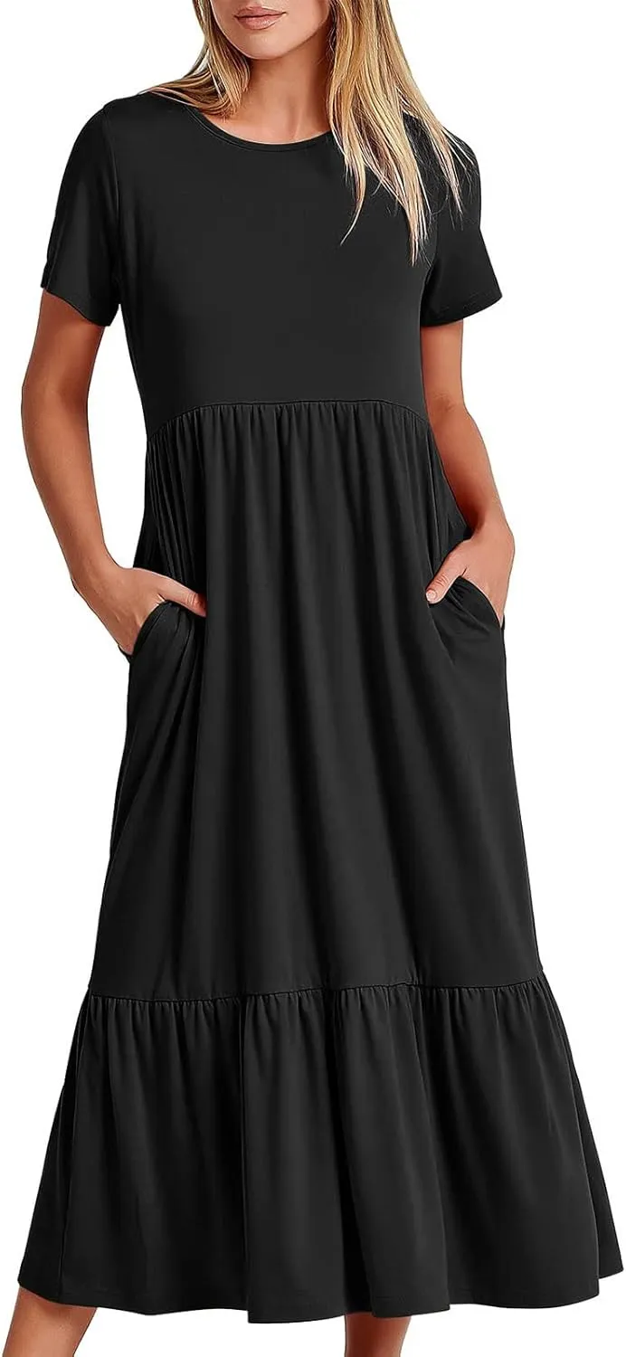 Spring Dresses for Women 2024 Casual Loose Short Sleeve Summer Long Tshirt Dress Flowy Tiered Maxi Beach Sundress