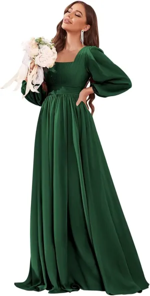 Square Neck Long Sleeve Bridesmaid Dresses with Pockets for Women Chiffon Ruched Wedding Guest Formal Gown