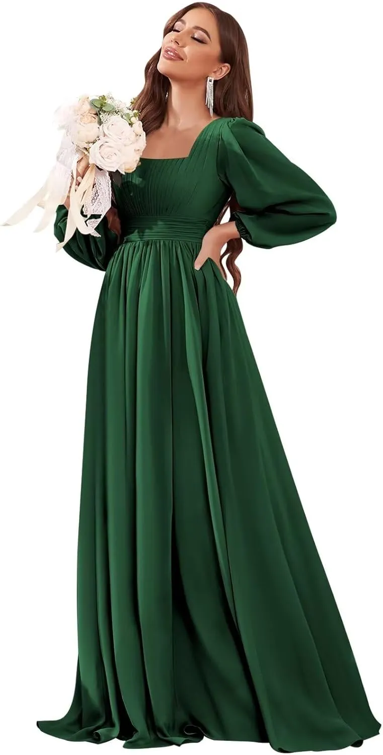 Square Neck Long Sleeve Bridesmaid Dresses with Pockets for Women Chiffon Ruched Wedding Guest Formal Gown