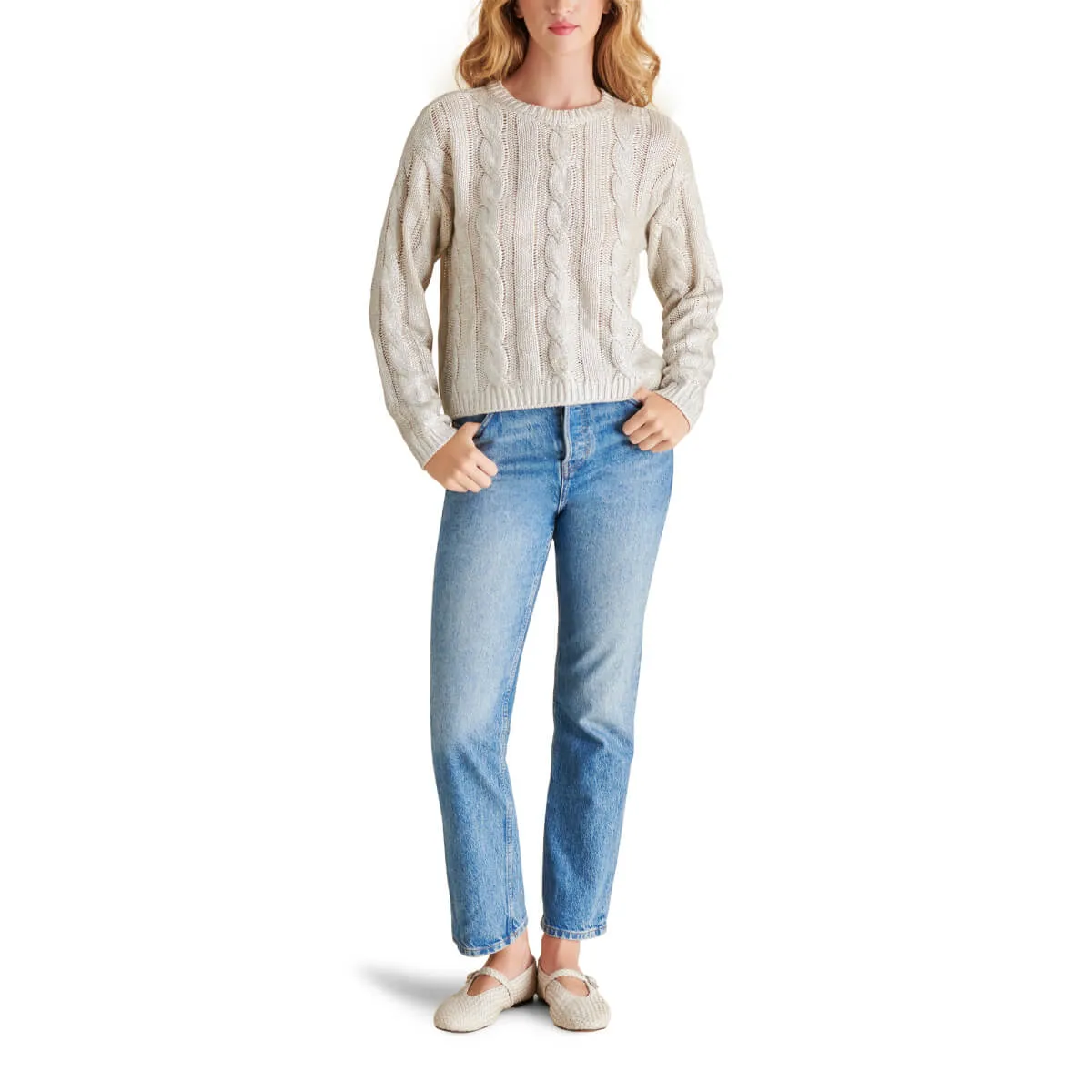 Steve Madden Renzo Shine Cable Knit Crew Neck Sweater