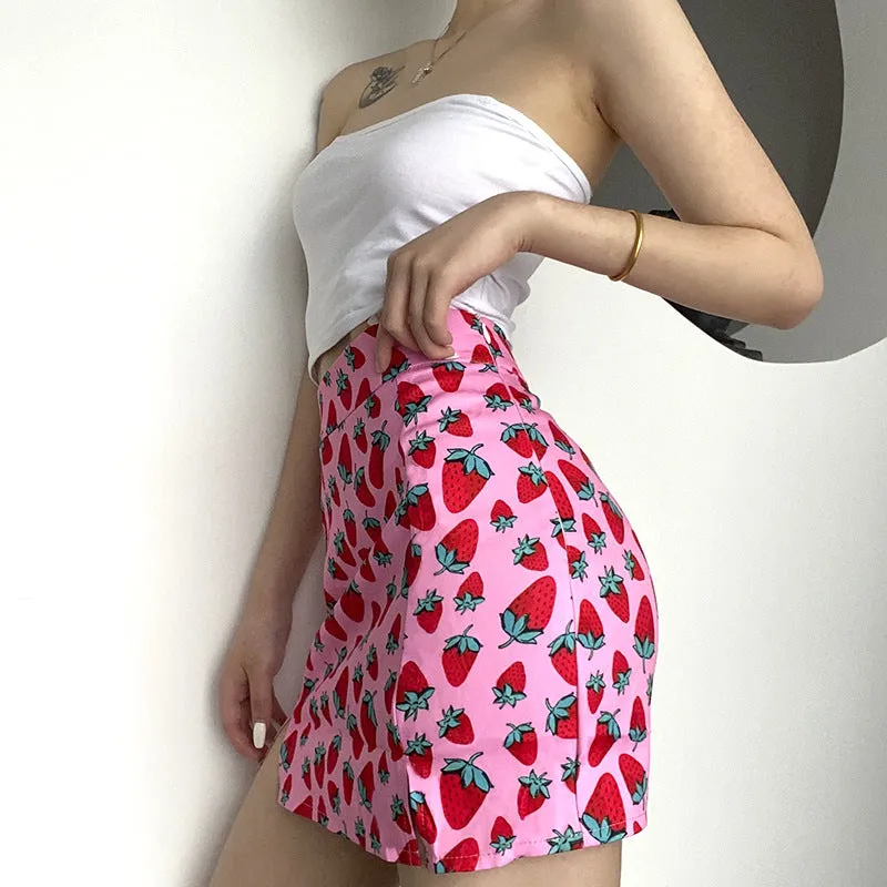 Strawberry Printing High Waist Slit Slim Skirt