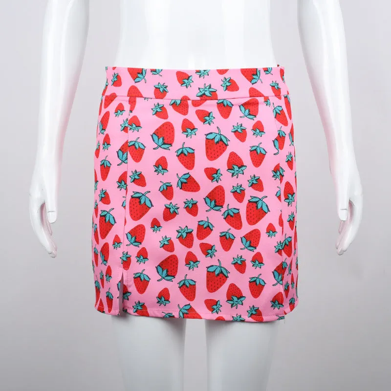 Strawberry Printing High Waist Slit Slim Skirt