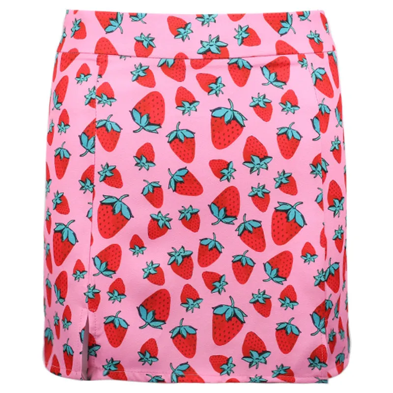 Strawberry Printing High Waist Slit Slim Skirt