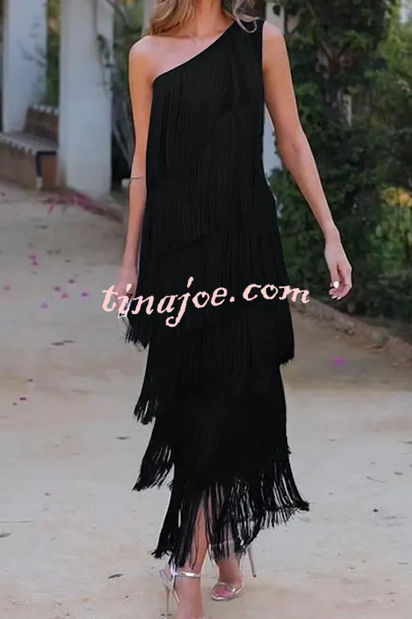 Stylish Fringed One Shoulder Asymmetric Midi Dress