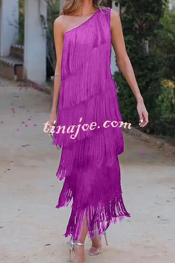 Stylish Fringed One Shoulder Asymmetric Midi Dress