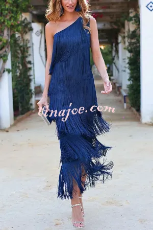 Stylish Fringed One Shoulder Asymmetric Midi Dress