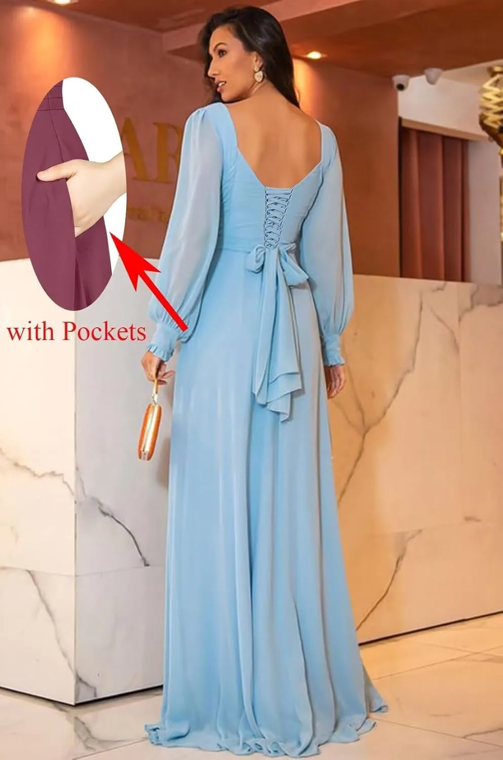 Sukleet Long Sleeve Bridesmaid Dresses with Slit A Line Pleated Chiffon Formal Evening Gowns for Women