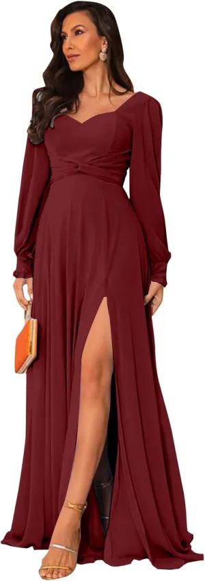 Sukleet Long Sleeve Bridesmaid Dresses with Slit A Line Pleated Chiffon Formal Evening Gowns for Women