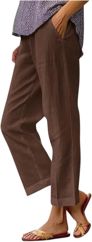 Summer Casual Pants for Women Wide Leg Trousers Elastic Waist Lightweight Linen Blend High Waist Design