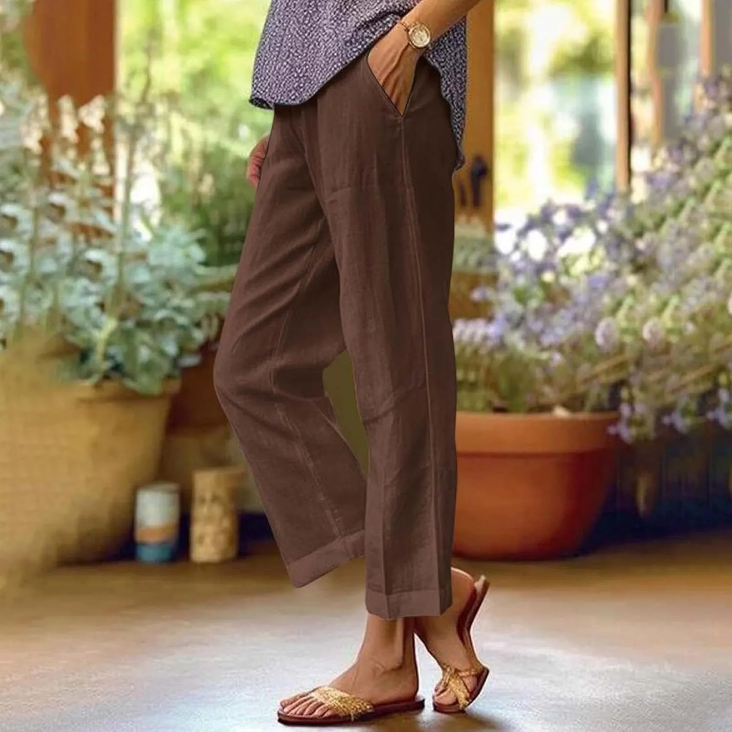 Summer Casual Pants for Women Wide Leg Trousers Elastic Waist Lightweight Linen Blend High Waist Design