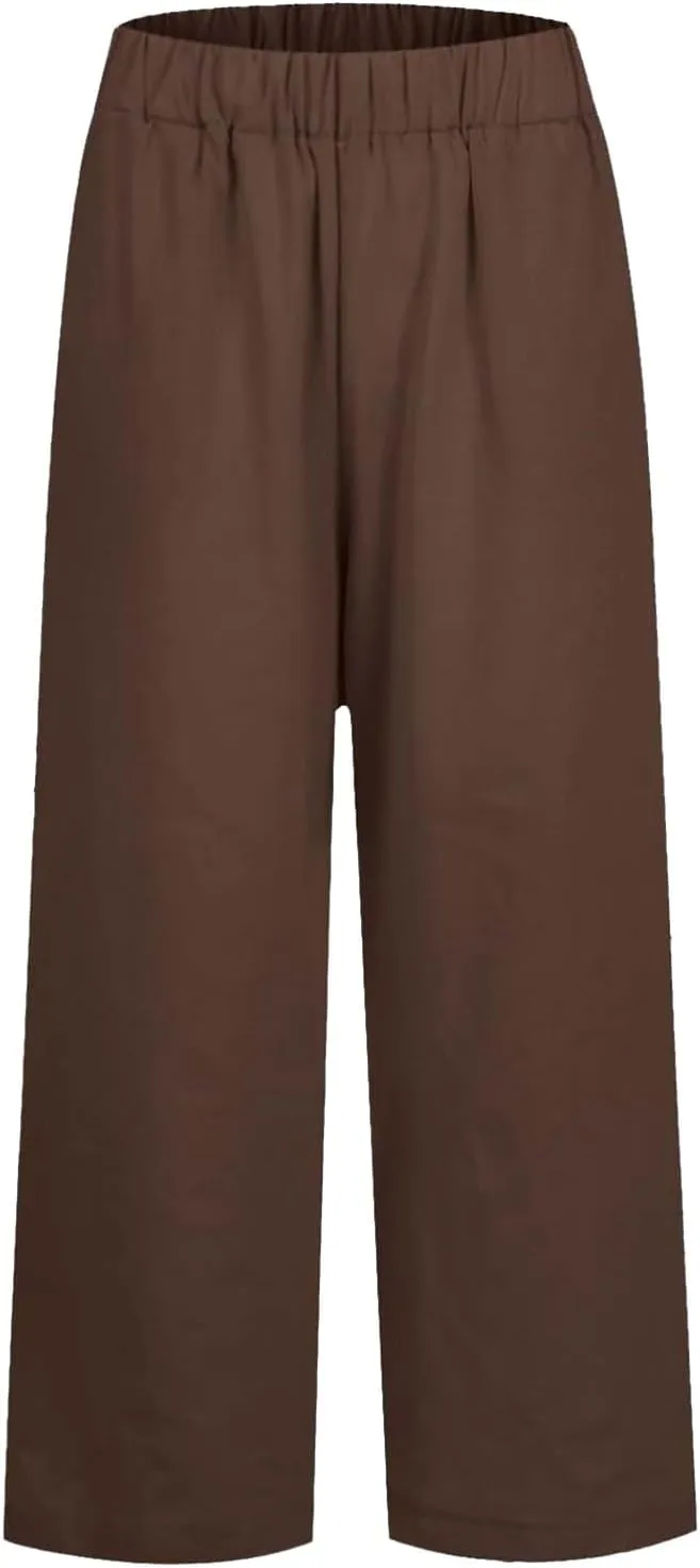 Summer Casual Pants for Women Wide Leg Trousers Elastic Waist Lightweight Linen Blend High Waist Design