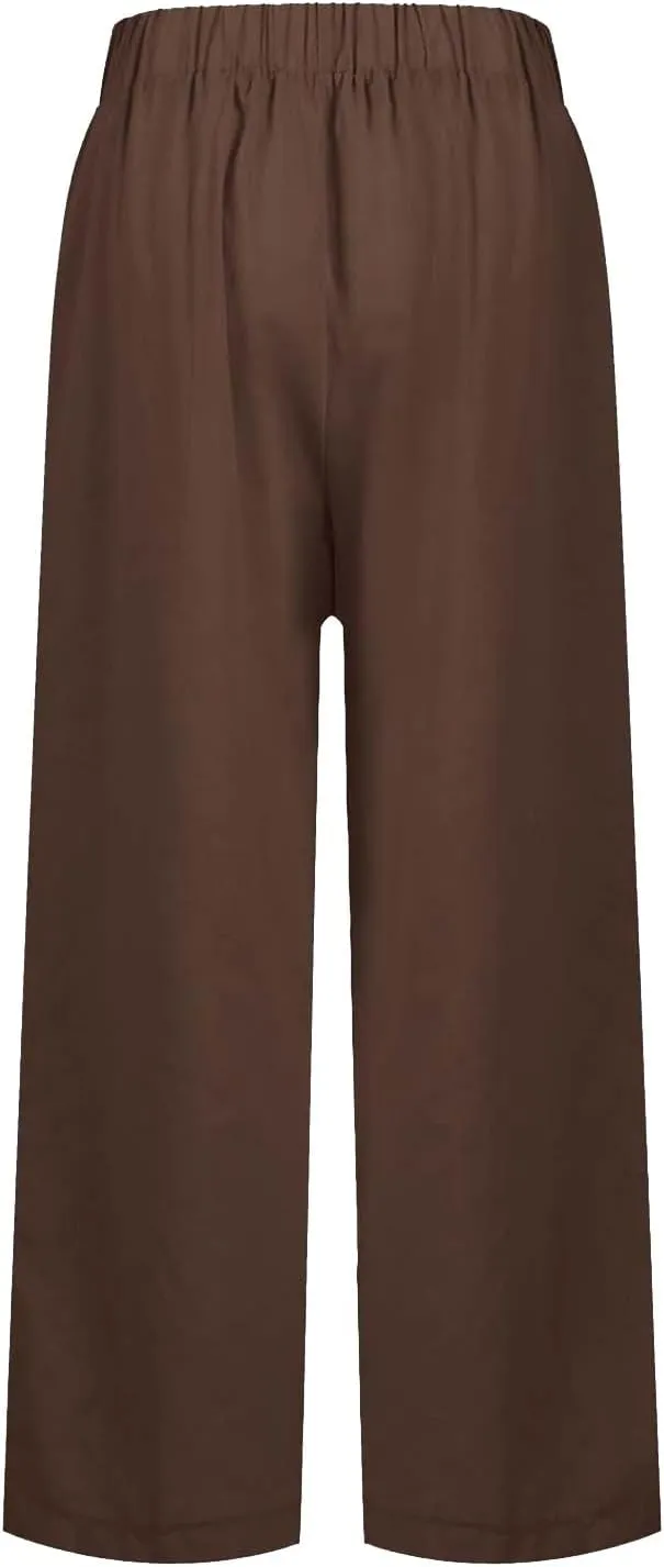 Summer Casual Pants for Women Wide Leg Trousers Elastic Waist Lightweight Linen Blend High Waist Design