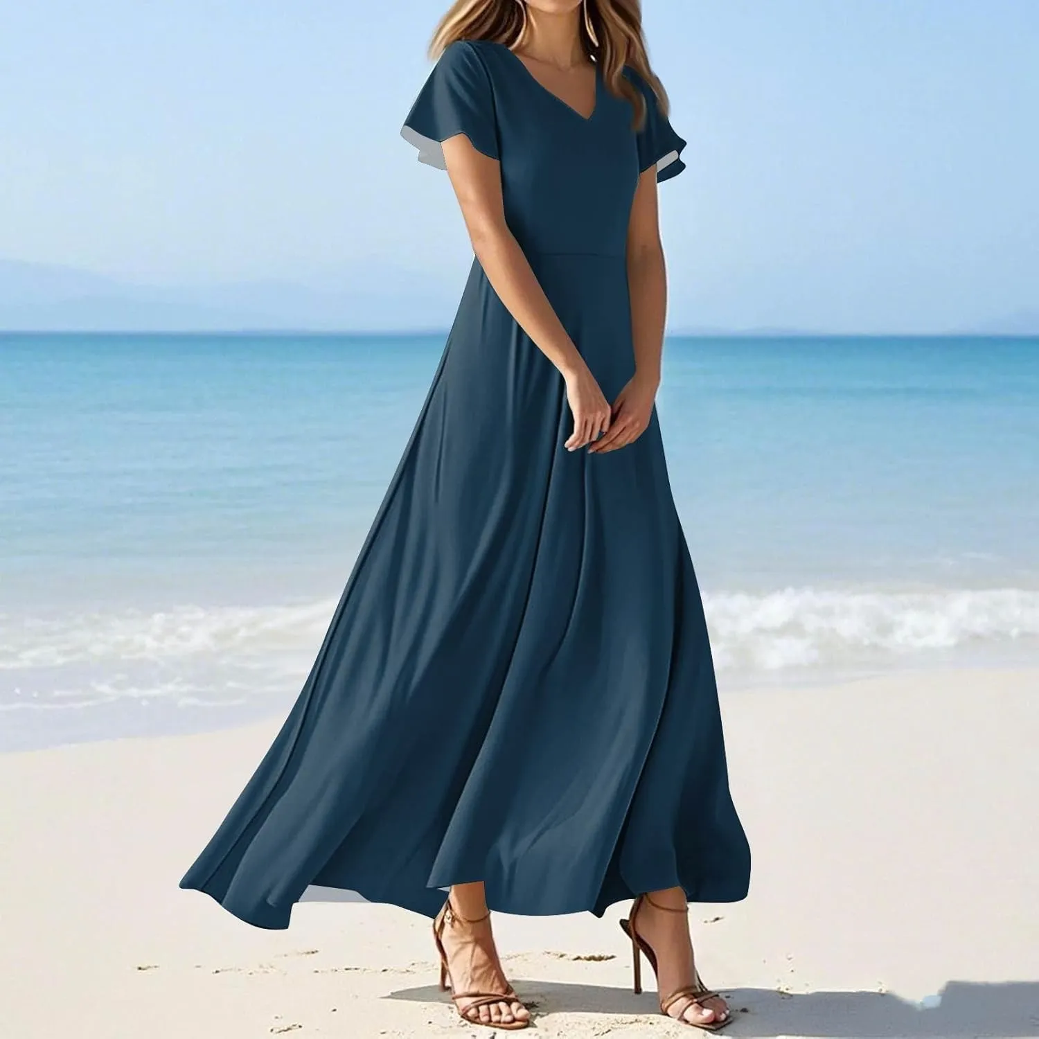 Summer Dress for Women 2025 Elegant Swing Flowy Ruffle V Neck Boho Sun Dresses Trendy Casual Vacation Long Sundresses