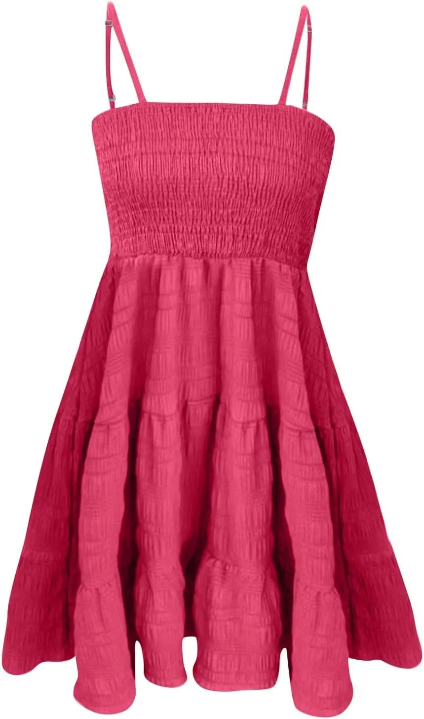 Summer Dresses for Teens Spaghetti Strap Ruffle Mini Sundress Women Sleeveless Smock Cami Dress Date Night Outfit