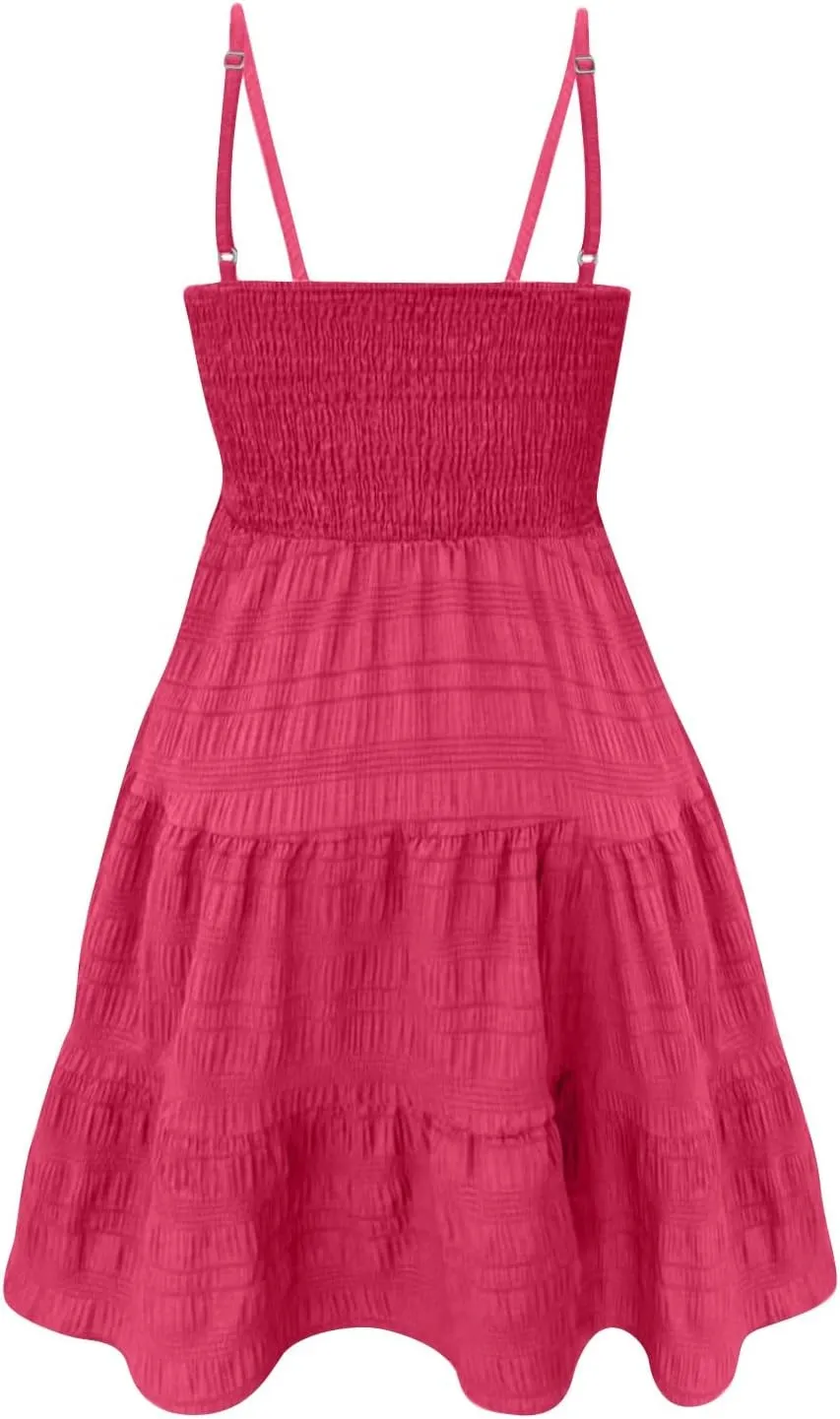 Summer Dresses for Teens Spaghetti Strap Ruffle Mini Sundress Women Sleeveless Smock Cami Dress Date Night Outfit