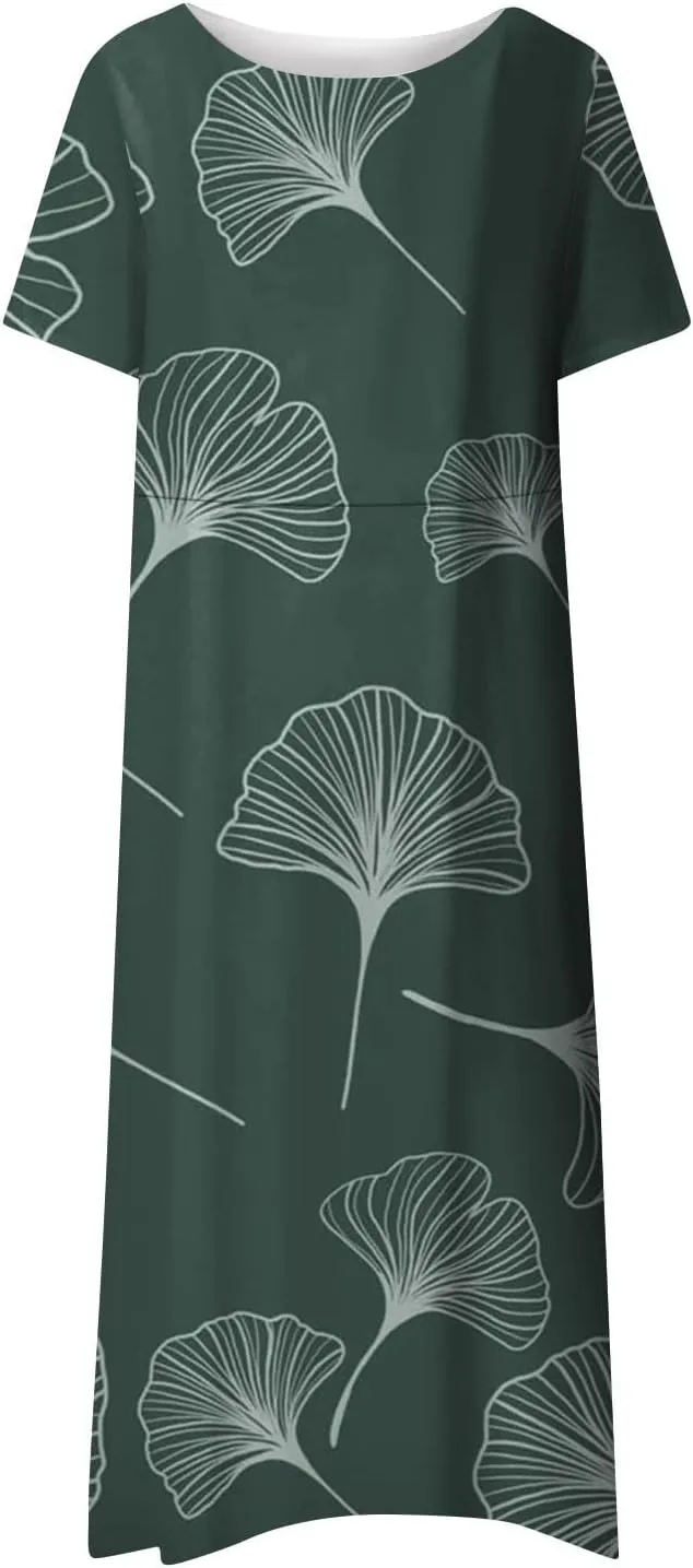 Summer Dresses for Women 2024 Pocket Short Sleeve Beach Dress Printed Pleated Dresses Round Neck Comfy Maxi Dress