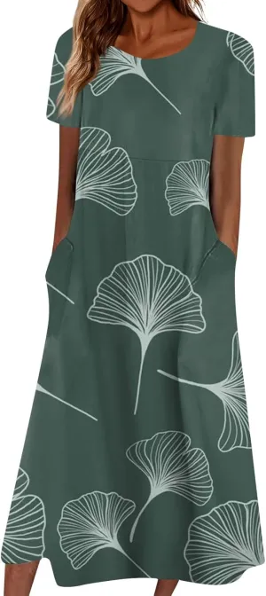 Summer Dresses for Women 2024 Pocket Short Sleeve Beach Dress Printed Pleated Dresses Round Neck Comfy Maxi Dress