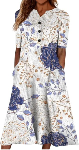 Summer Dresses for Women 2025 Floral Print Boho Beach V-Neck Buttons Short Sleeve Loose Midi Dress with Pockets