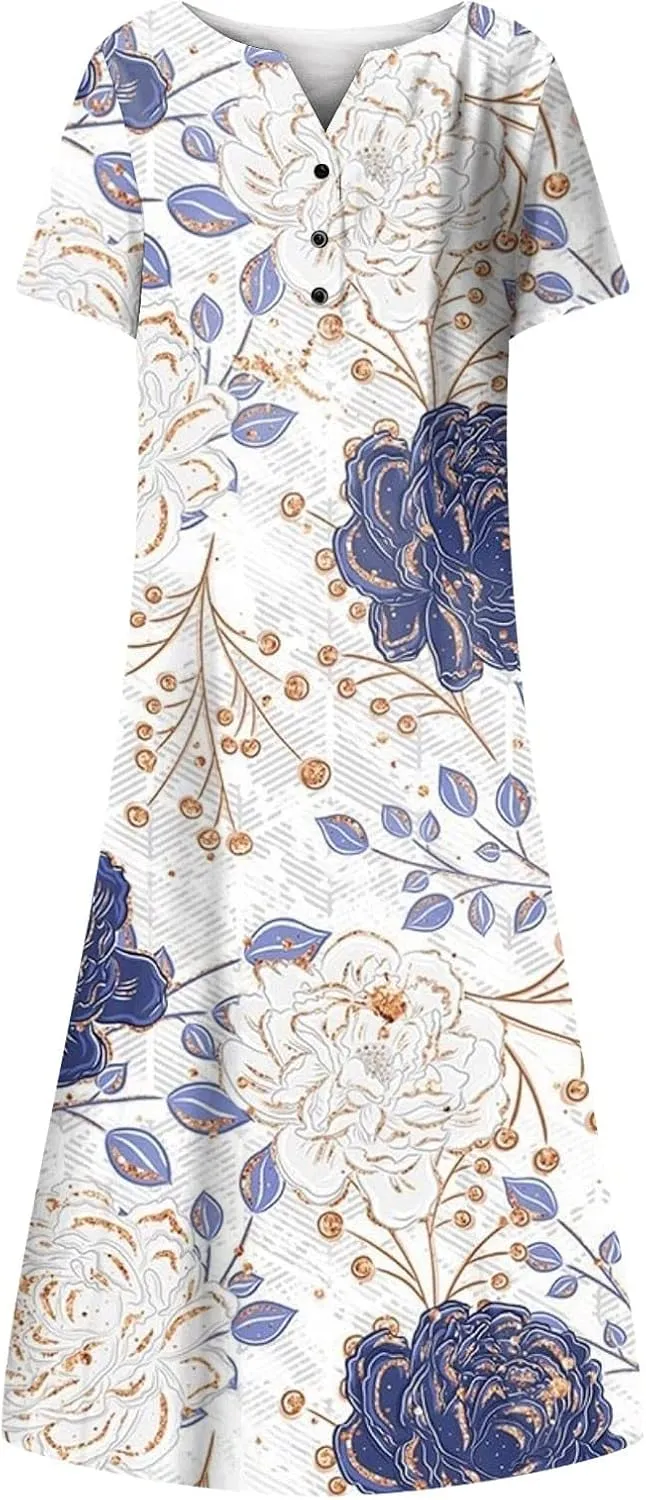 Summer Dresses for Women 2025 Floral Print Boho Beach V-Neck Buttons Short Sleeve Loose Midi Dress with Pockets