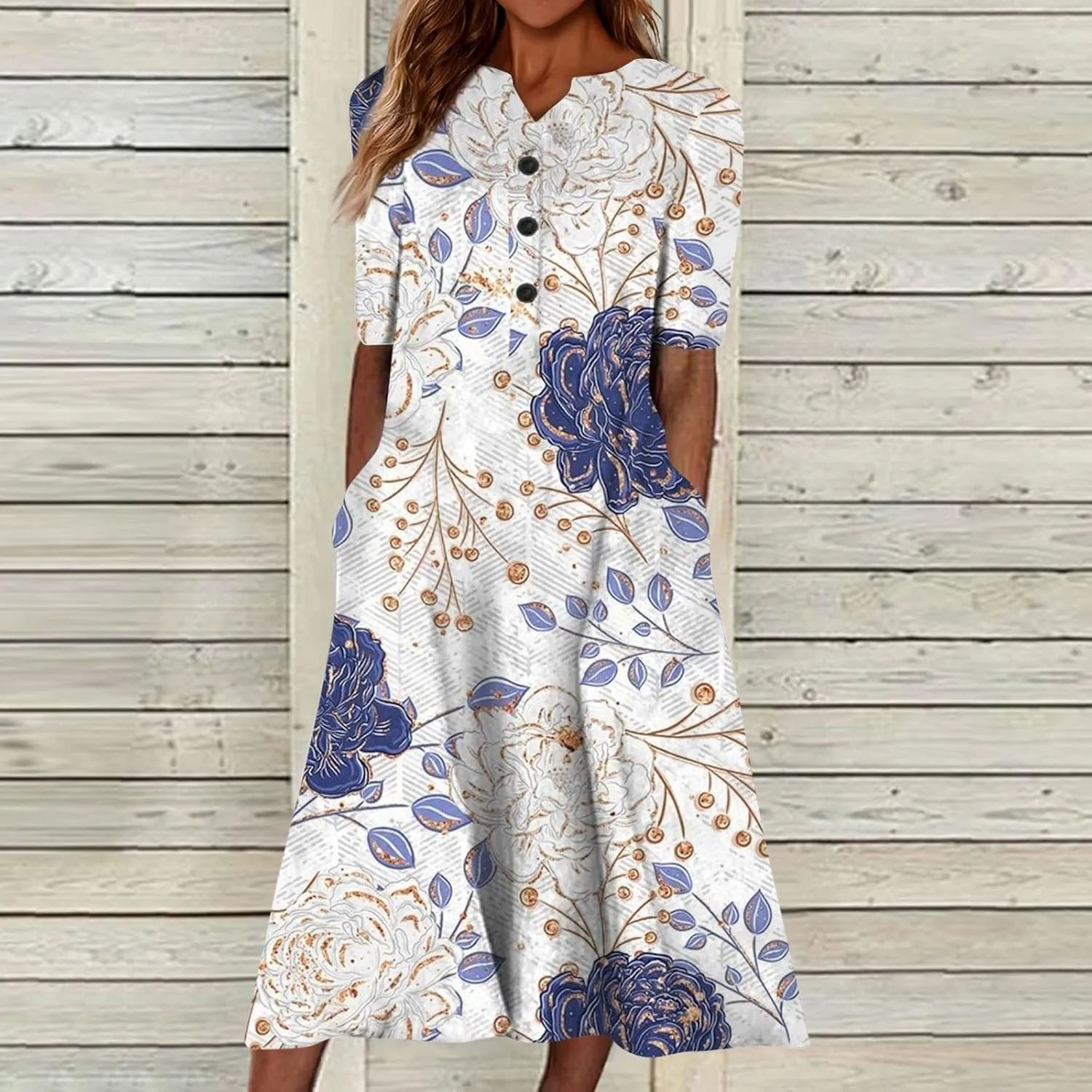 Summer Dresses for Women 2025 Floral Print Boho Beach V-Neck Buttons Short Sleeve Loose Midi Dress with Pockets