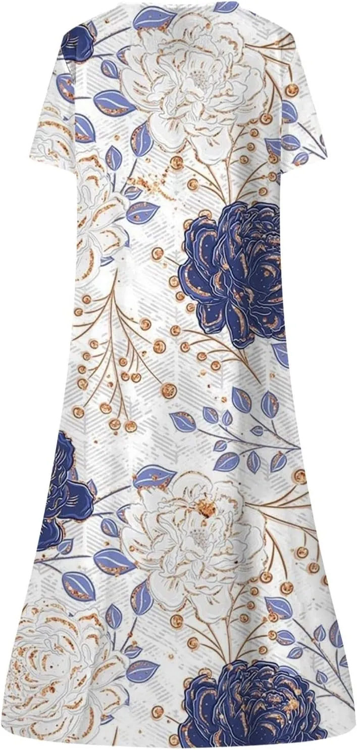 Summer Dresses for Women 2025 Floral Print Boho Beach V-Neck Buttons Short Sleeve Loose Midi Dress with Pockets