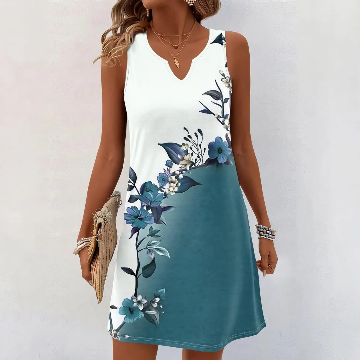 Summer Dresses for Women V Neck Sundresses Casual Beach Tank Dress Floral T Shirt Dresses Loose Sleeveless Sleep Dress