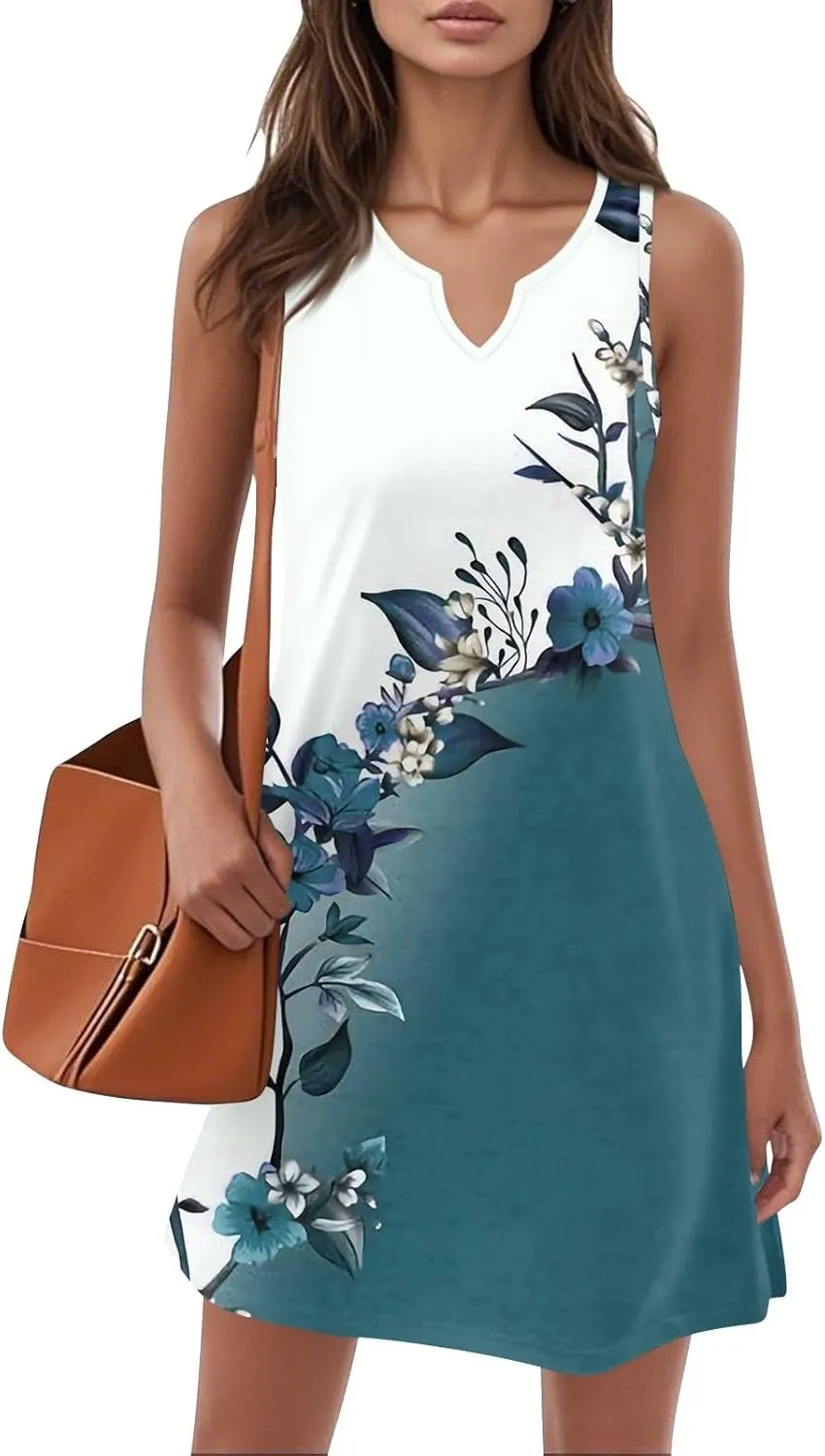 Summer Dresses for Women V Neck Sundresses Casual Beach Tank Dress Floral T Shirt Dresses Loose Sleeveless Sleep Dress