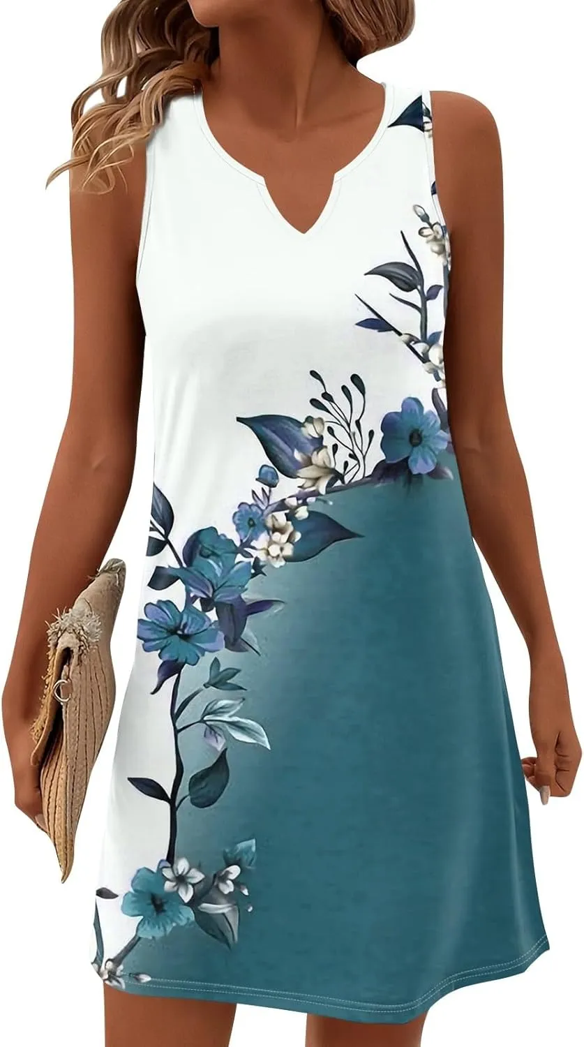 Summer Dresses for Women V Neck Sundresses Casual Beach Tank Dress Floral T Shirt Dresses Loose Sleeveless Sleep Dress