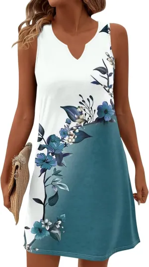 Summer Dresses for Women V Neck Sundresses Casual Beach Tank Dress Floral T Shirt Dresses Loose Sleeveless Sleep Dress