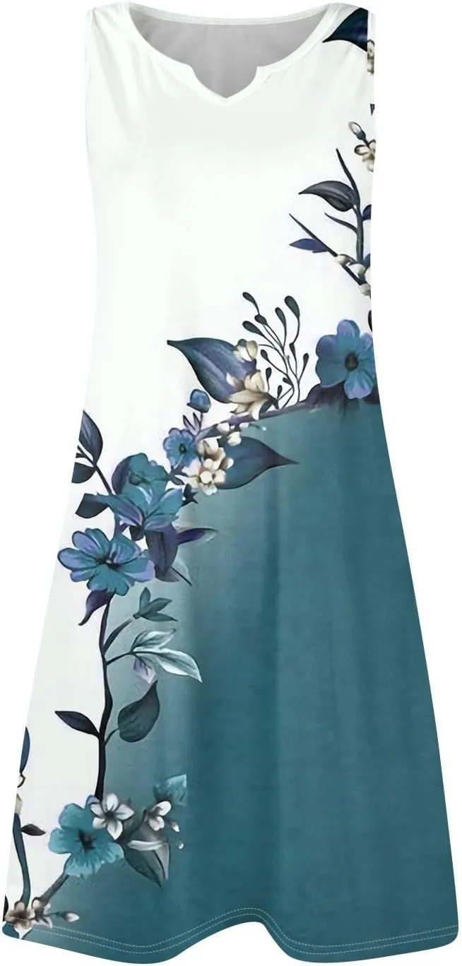 Summer Dresses for Women V Neck Sundresses Casual Beach Tank Dress Floral T Shirt Dresses Loose Sleeveless Sleep Dress
