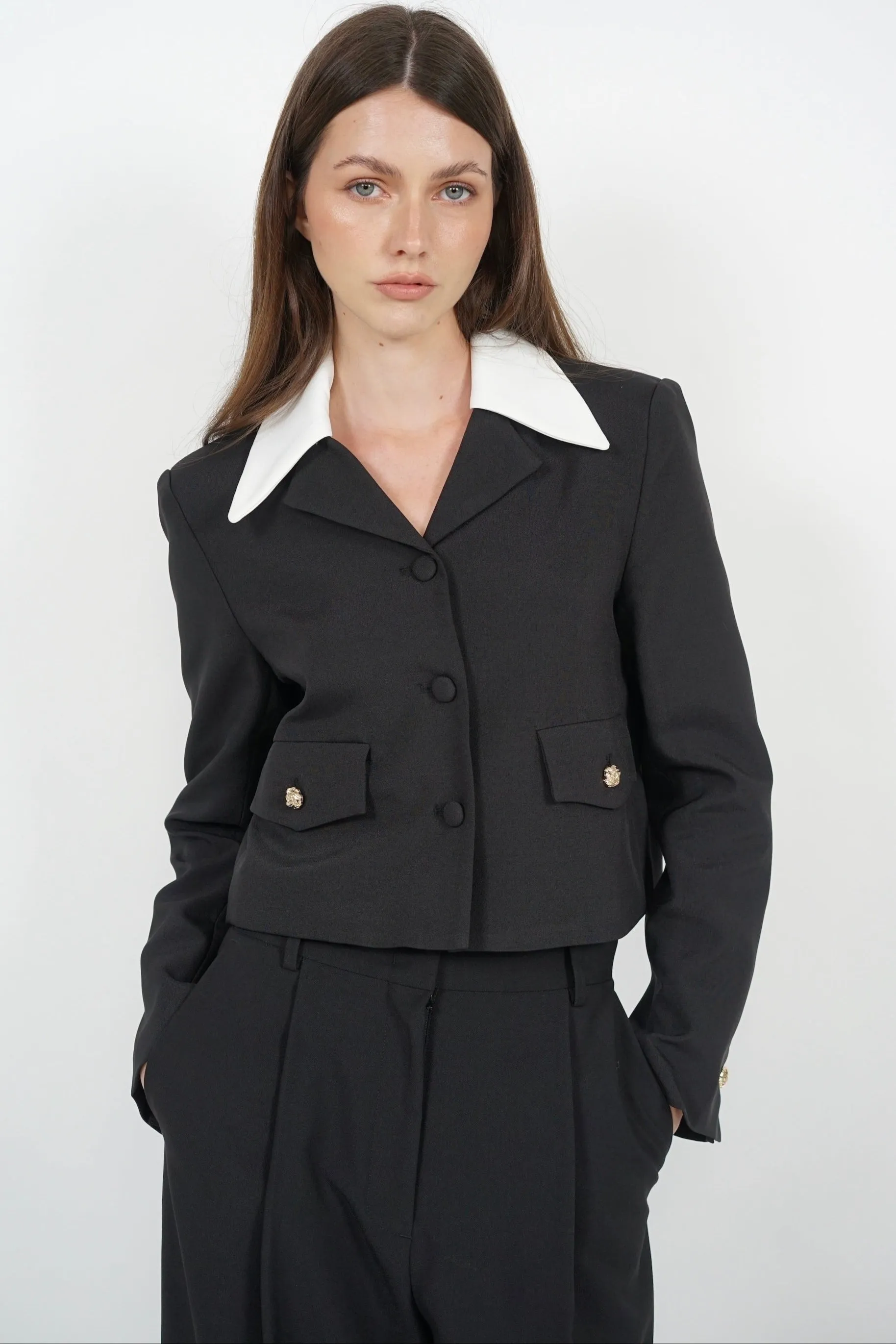 Tailored Contrast Blazer Jacket in Black