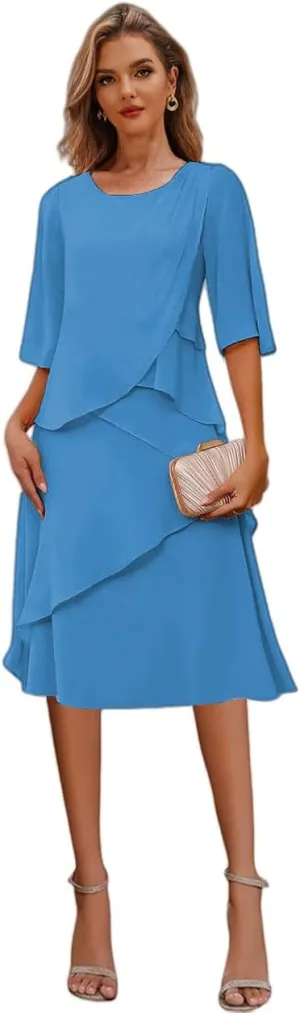 Tea Length Mother of The Bride Dresses for Wedding Ruffle Chiffon Formal Dress for with Sleeves