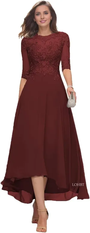 Tea Length Mother of The Bride Dresses for Wedding with Sleeves Lace Appliques High Low Formal Evening Party Gown