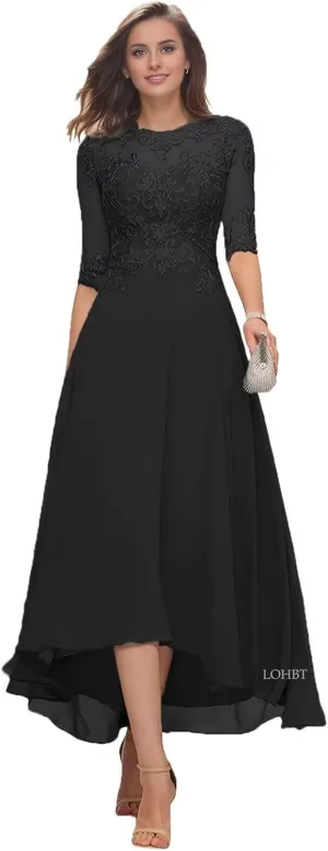 Tea Length Mother of The Bride Dresses for Wedding with Sleeves Lace Appliques High Low Formal Evening Party Gown