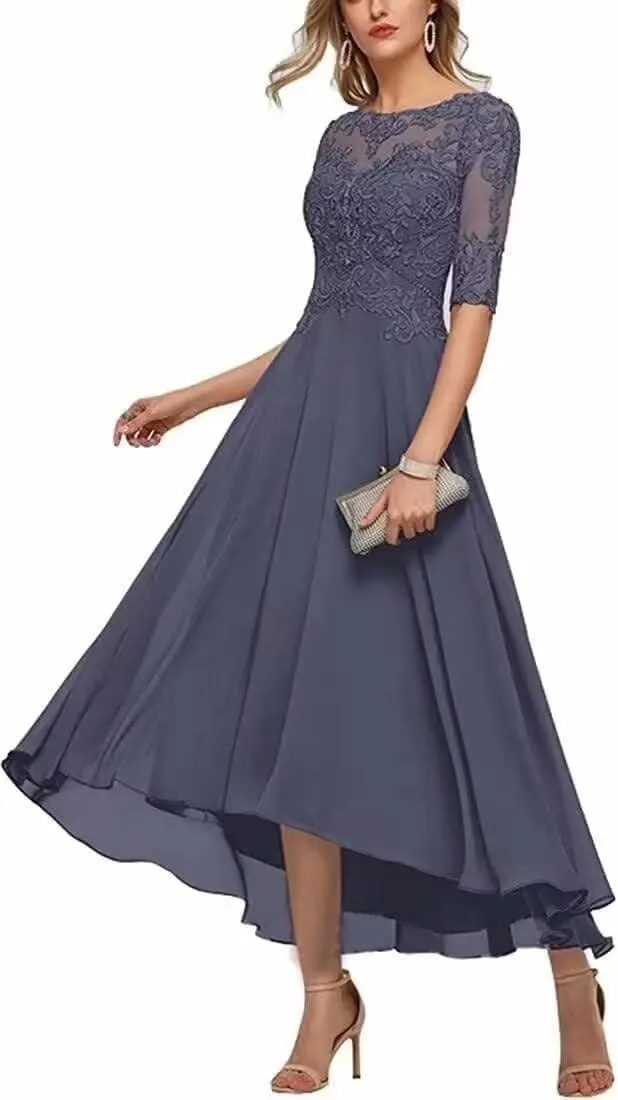 Tea Length Mother of The Bride Dresses for Wedding with Sleeves Lace Appliques High Low Formal Evening Party Gown