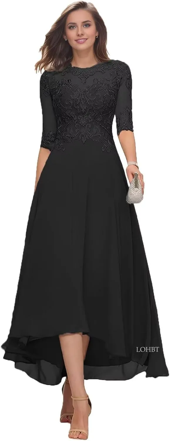 Tea Length Mother of The Bride Dresses for Wedding with Sleeves Lace Appliques High Low Formal Evening Party Gown