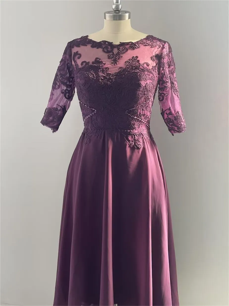 Tea Length Mother of The Bride Dresses for Wedding with Sleeves Lace Appliques High Low Formal Evening Party Gown