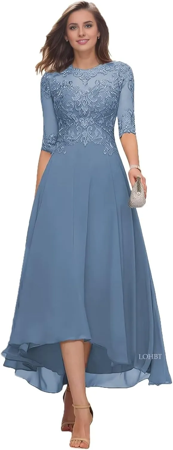 Tea Length Mother of The Bride Dresses for Wedding with Sleeves Lace Appliques High Low Formal Evening Party Gown