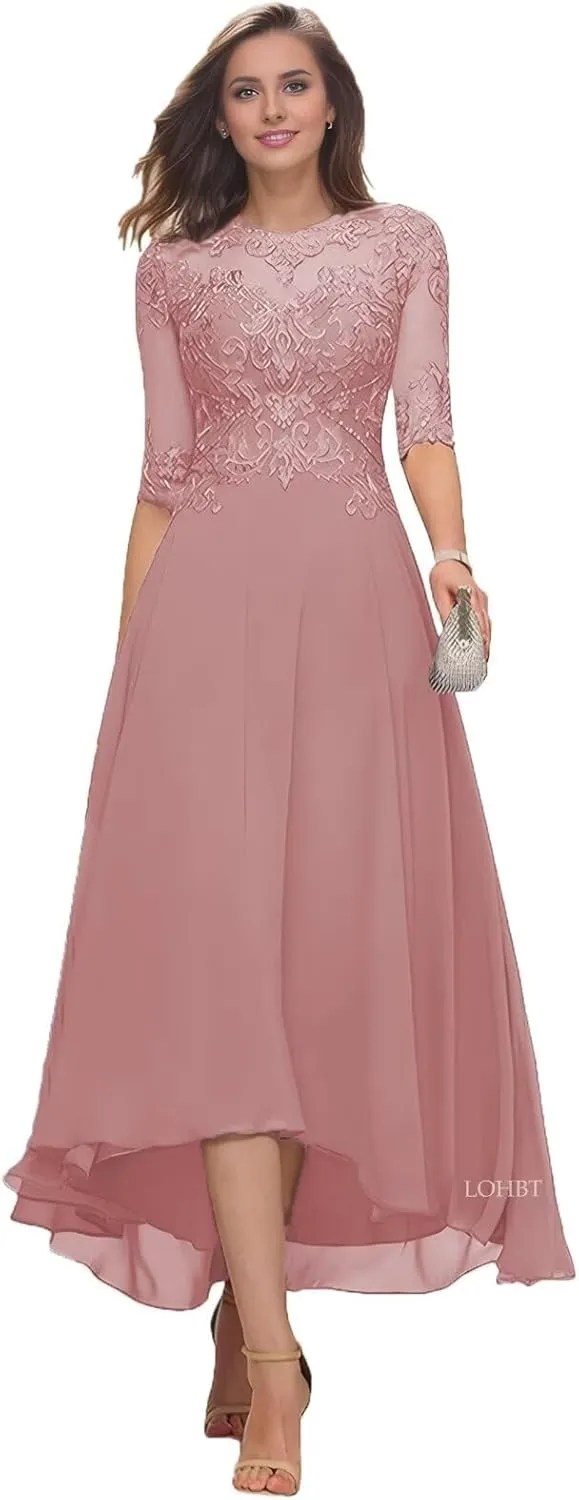 Tea Length Mother of The Bride Dresses for Wedding with Sleeves Lace Appliques High Low Formal Evening Party Gown