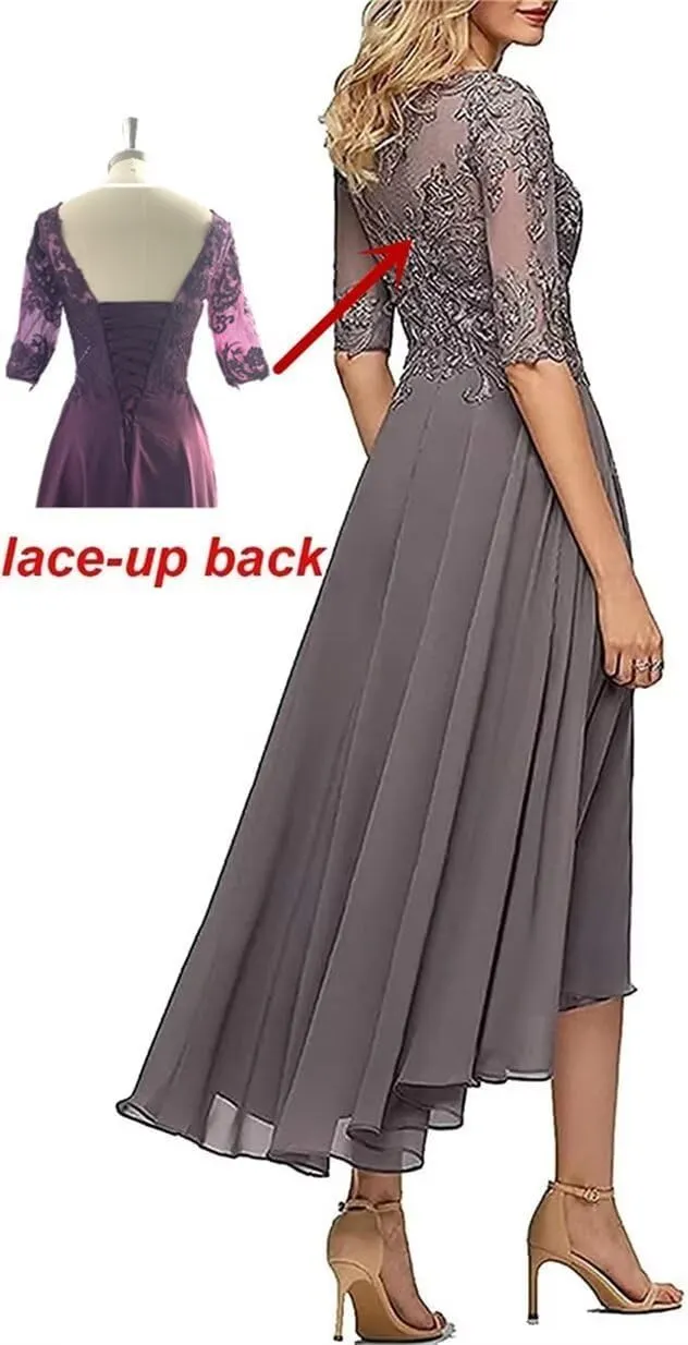 Tea Length Mother of The Bride Dresses for Wedding with Sleeves Lace Appliques High Low Formal Evening Party Gown