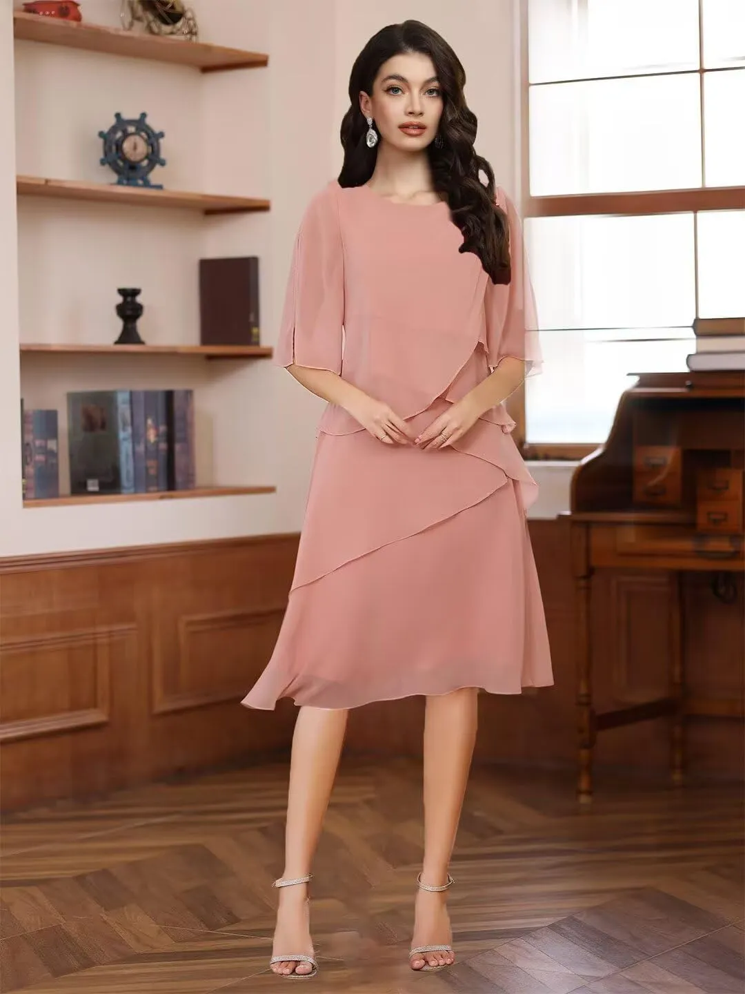 TIANMEI Chiffon Mother of The Bride Dresses for Wedding Tea Length Ruffle Formal Wedding Guest Dress with Sleeves