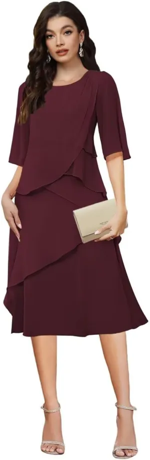 TIANMEI Chiffon Mother of The Bride Dresses for Wedding Tea Length Ruffle Formal Wedding Guest Dress with Sleeves