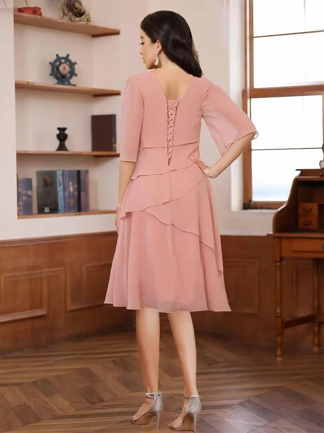 TIANMEI Chiffon Mother of The Bride Dresses for Wedding Tea Length Ruffle Formal Wedding Guest Dress with Sleeves