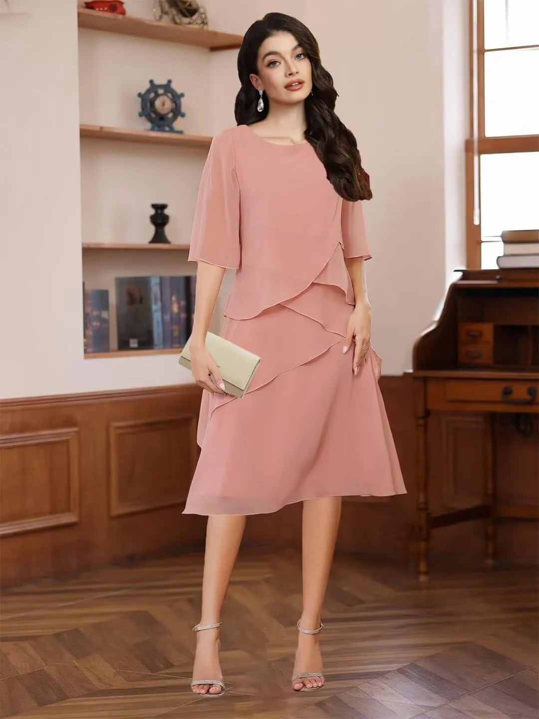 TIANMEI Chiffon Mother of The Bride Dresses for Wedding Tea Length Ruffle Formal Wedding Guest Dress with Sleeves