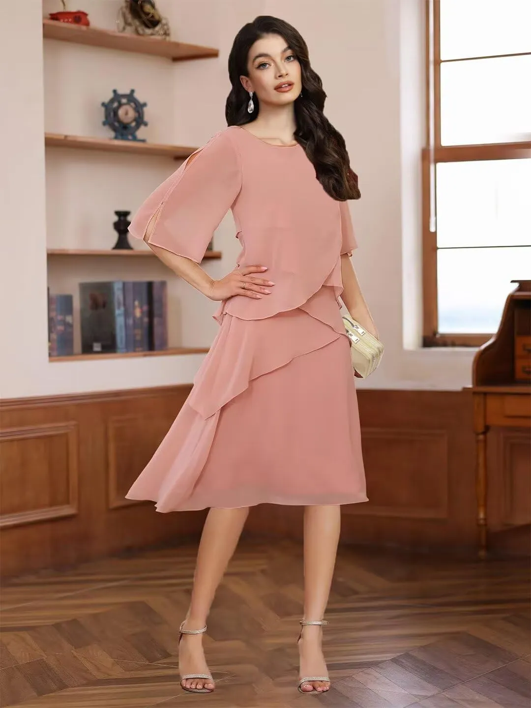 TIANMEI Chiffon Mother of The Bride Dresses for Wedding Tea Length Ruffle Formal Wedding Guest Dress with Sleeves